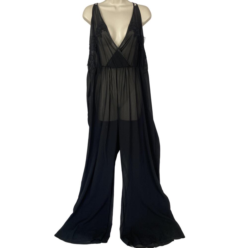 Hustler Babydoll Jumpsuit Lingerie Size 16 Black Sheer Chiffon Wide Leg Lace XL
